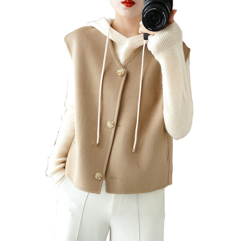 Women’s Layering Knit Jacket with Hood and Sleeveless Wool Blend Vest Mune Fashion