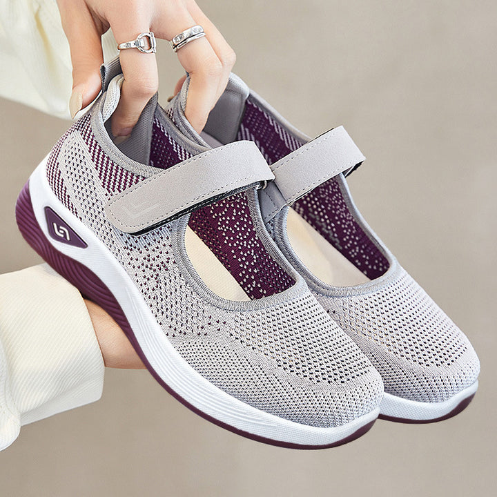Ladies' breathable knitted Mary Jane with adjustable hook-and-loop strap, sock-like entry and cushioning EVA wave outsole Mune Fashion