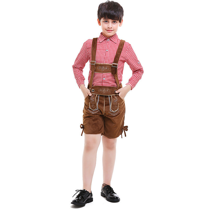 Unisex traditional children's leather trousers with adjustable straps and fine embroidery Mune Fashion