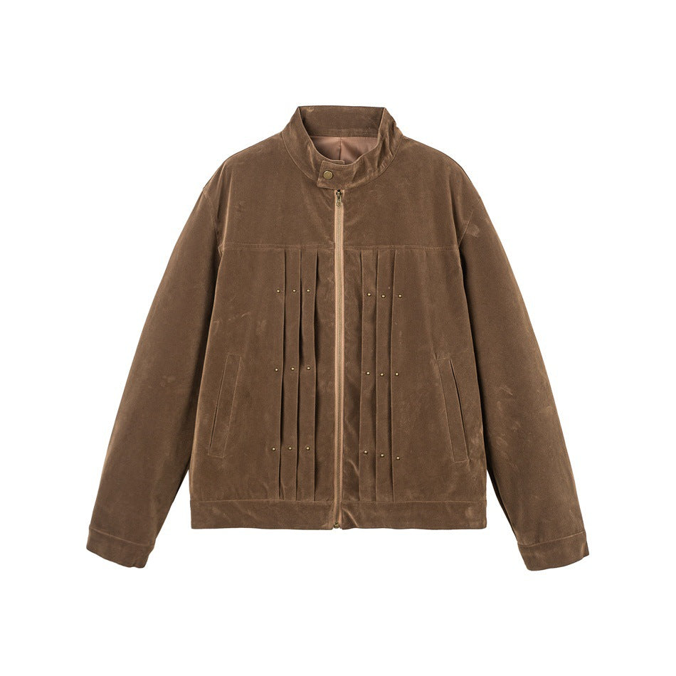 Men's Velour Leather Look Blouson Jacket with Pleated Yoke and Stud Detail Mune Fashion