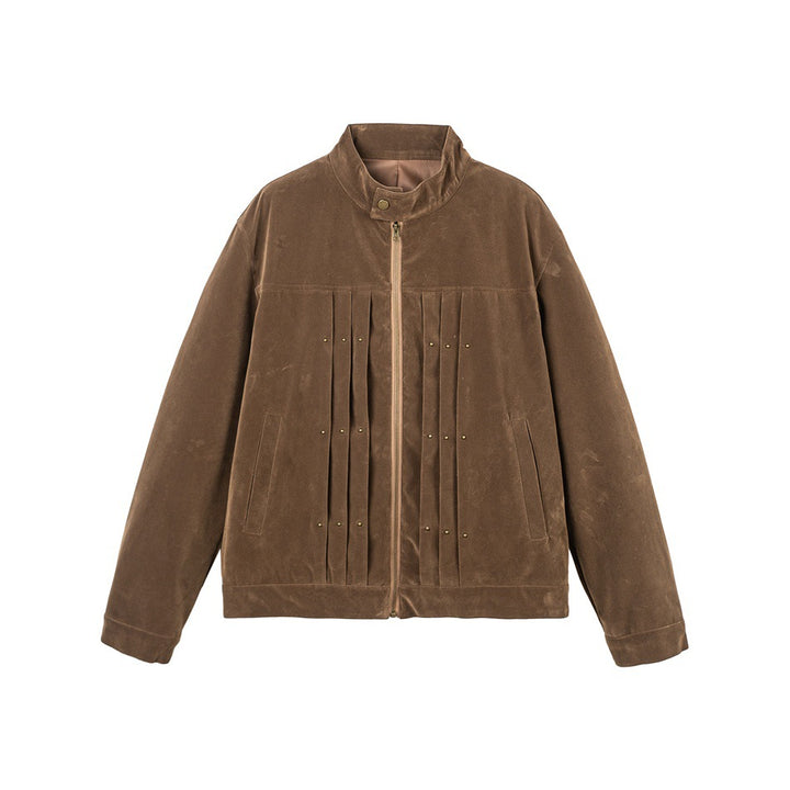 Men's Velour Leather Look Blouson Jacket with Pleated Yoke and Stud Detail Mune Fashion