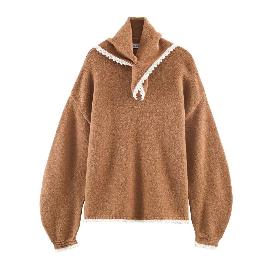 Women Cozy Oversized Sweater with Lace Trim Mune Fashion