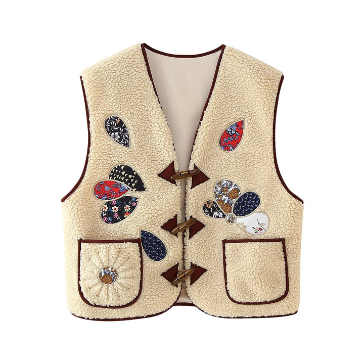 Women's sleeveless teddy vest with patchwork applications and wooden button closure Mune Fashion