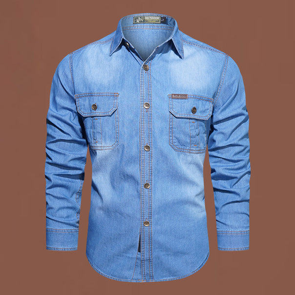 Men's jeans shirt with double breast pockets, classic kent collar and sturdy decorative stitching Mune Fashion