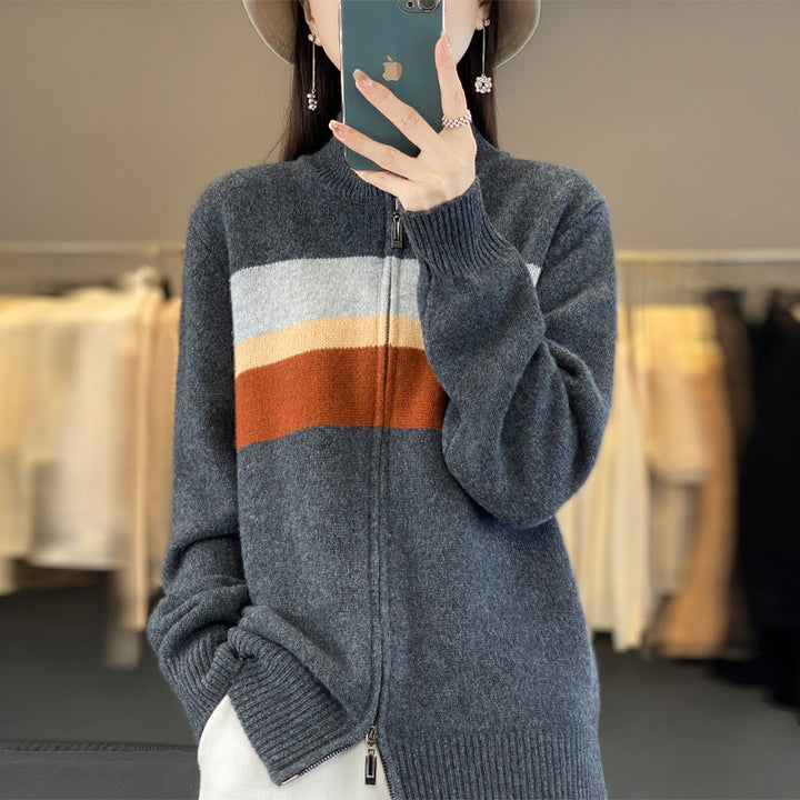 Ladies zip-up knitted cardigan made of soft wool blend with block stripes and ribbed hem Mune Fashion
