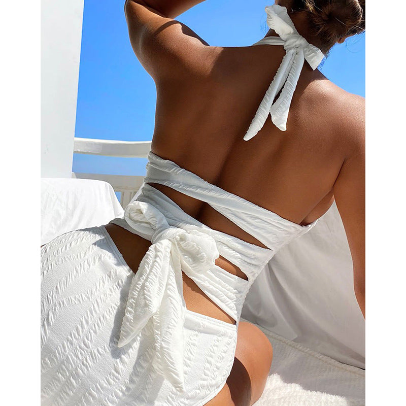 Women one-piece swimsuit with deep V-neckline and elaborate ruffle details Mune Fashion
