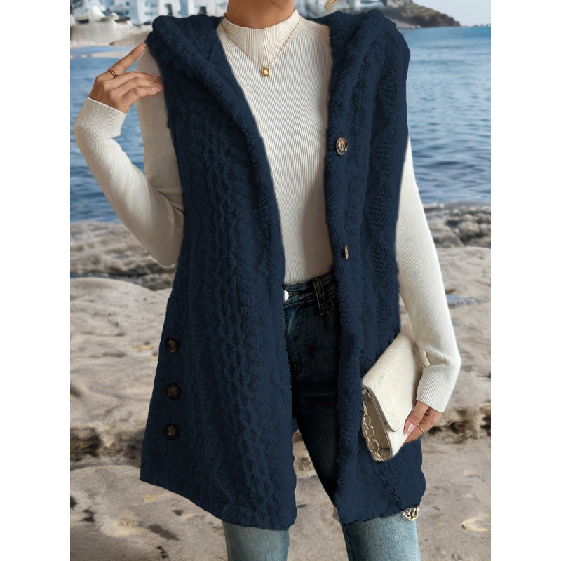 Women's Hooded Teddy Vest with Structured Cable Knit Pattern and Decorative Button Placket Mune Fashion