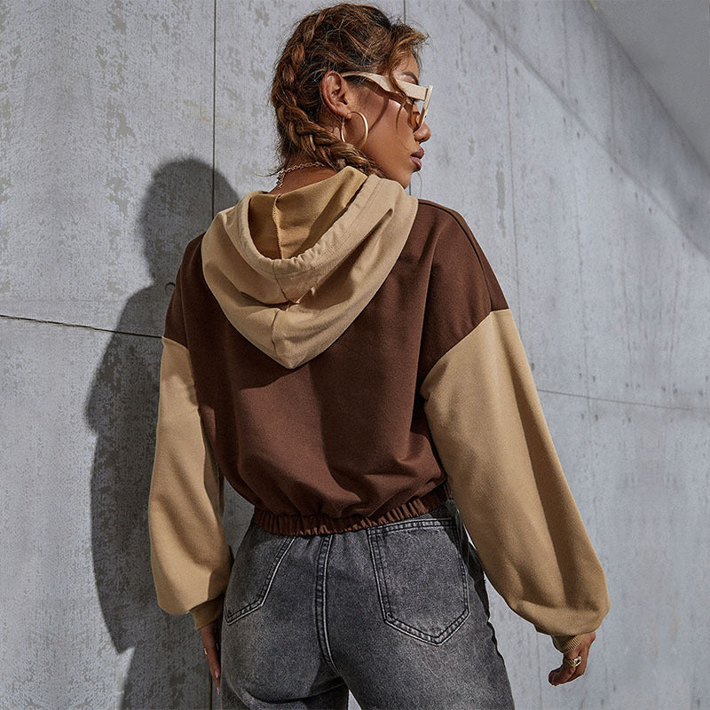 Women's Cropped Hoodie with Contrast Sleeves, Elastic Hem and Melting Smiley Print