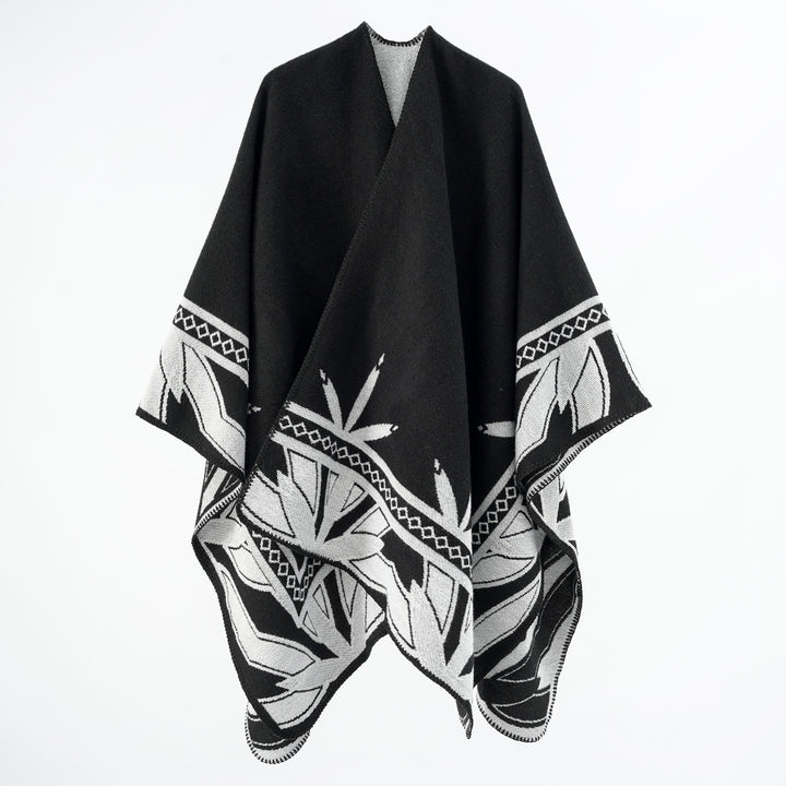 Women's Coarse Woven Poncho Cape made of Wool Blend with V-Neck and Ornamental Jacquard Mune Fashion