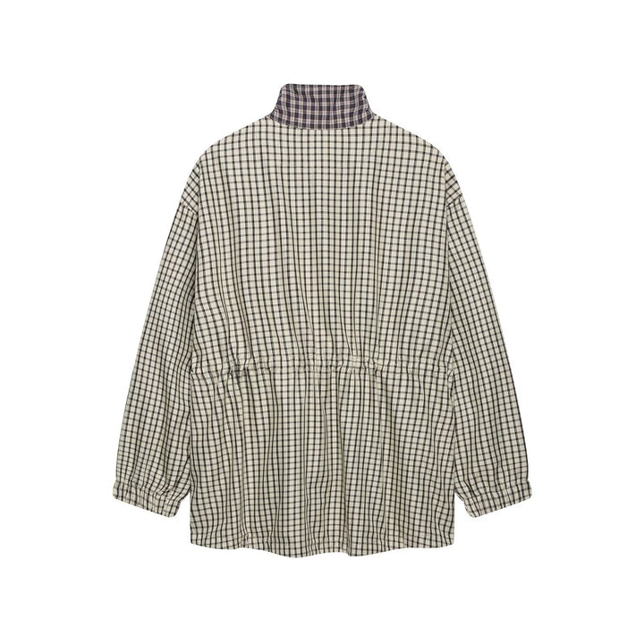 Women Checked Oversize Parka with Drawstring, Stand-Up Collar and Flap Pockets Mune Fashion