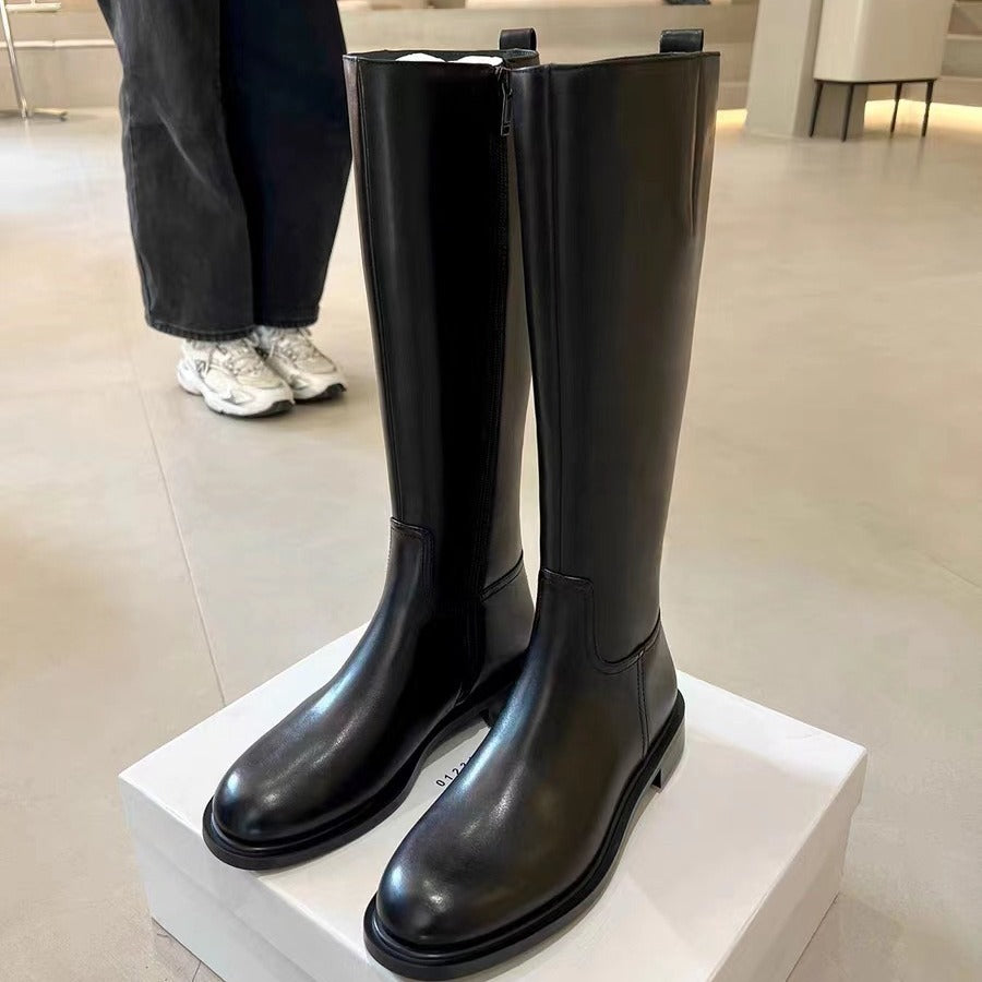 Women Knee-High Smooth Leather Boots with Sleek Silhouette and Flat Profile Sole Mune Fashion