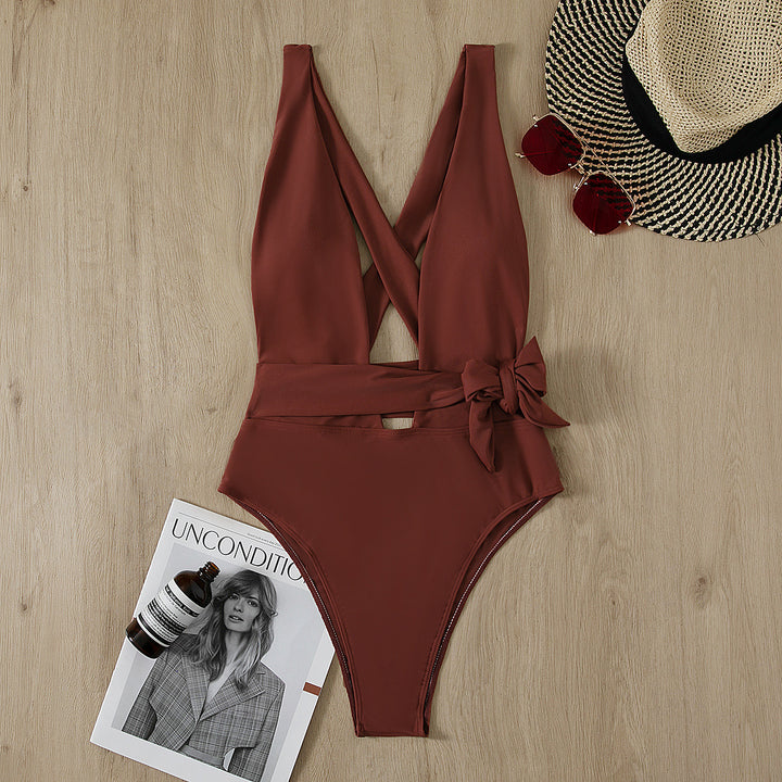 Women’s Sporty One-Piece Swimsuit with Cross-Back and Tie Belt Mune Fashion