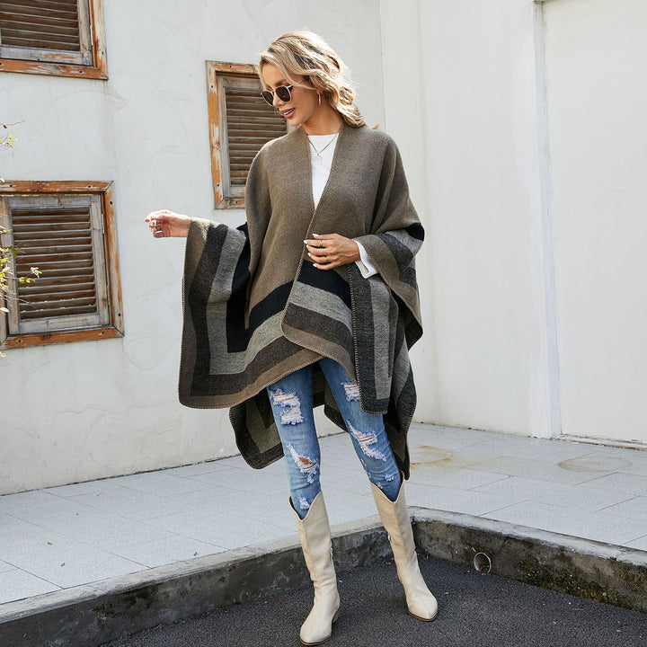 Ladies Open Knit Cape Poncho with Contrasting Color Block Stripes and Decorative Stitch Mune Fashion