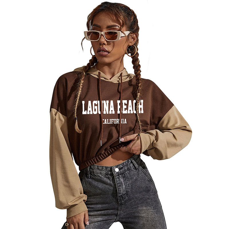Women's Cropped Hoodie with Contrast Sleeves, Elastic Hem and Melting Smiley Print