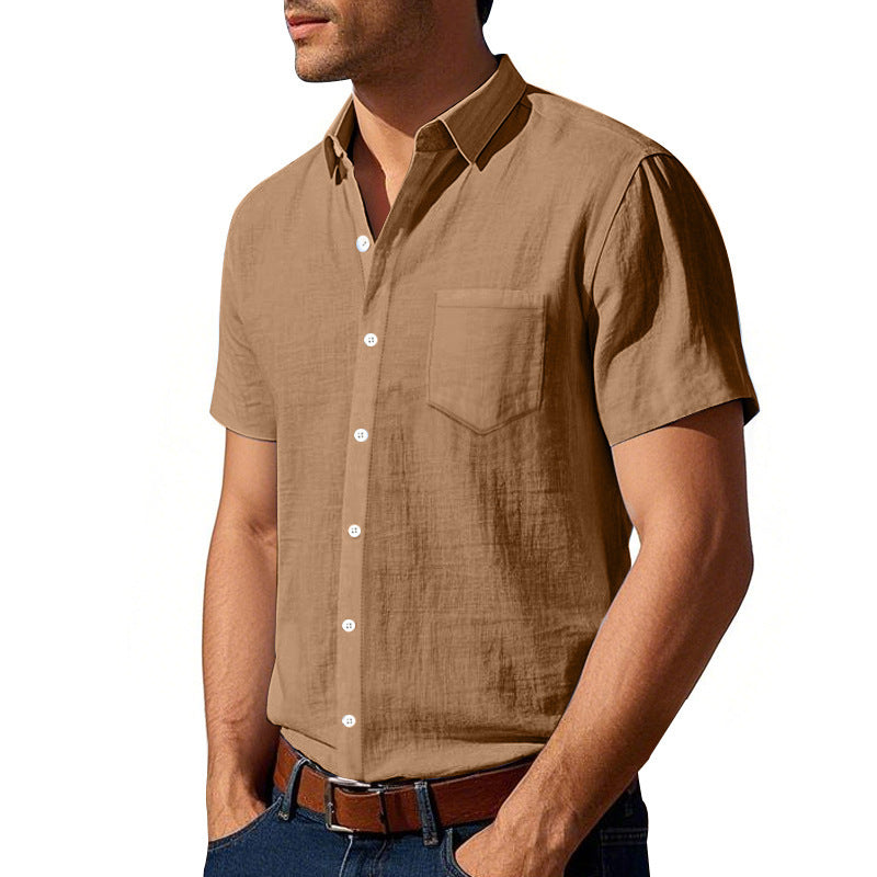 Men's short-sleeved textured shirt made of breathable slub linen with a spread collar, chest pocket, and straight hem Mune Fashion