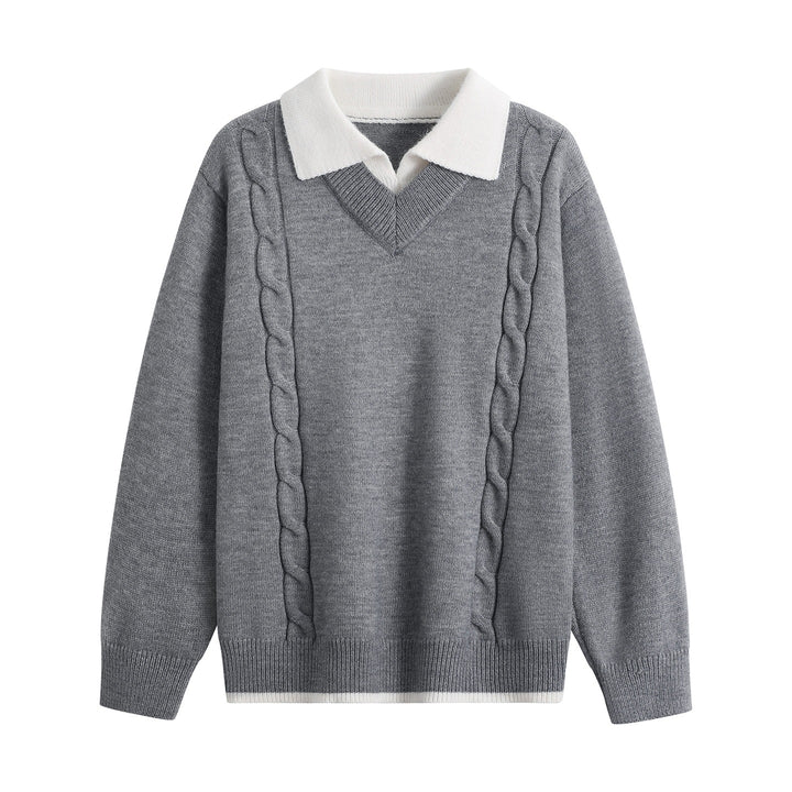 Women's Oversize Pullover with V-Neck, Contrasting Polo Collar & Cable Knit Details Mune Fashion