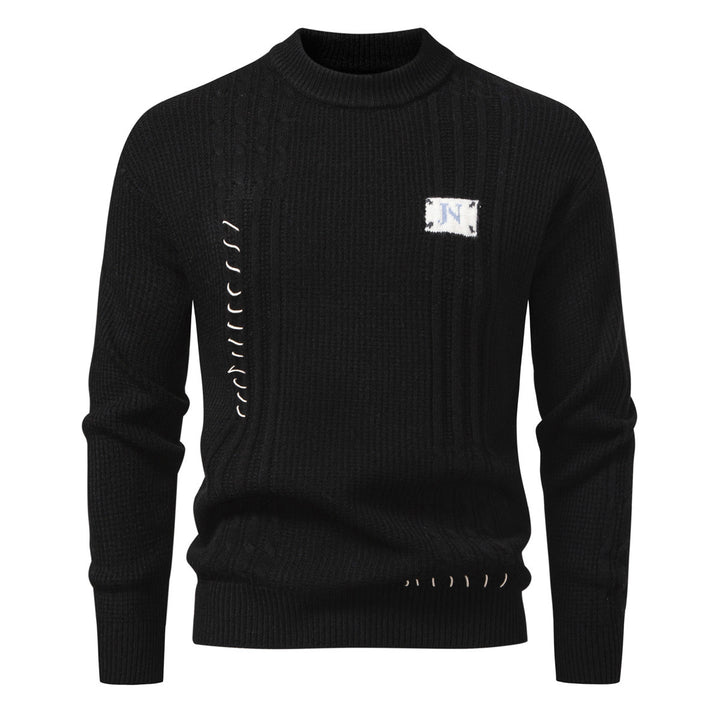Men's Structured Ribbed Knit Pullover with Decorative Seams and Logo Patch Mune Fashion