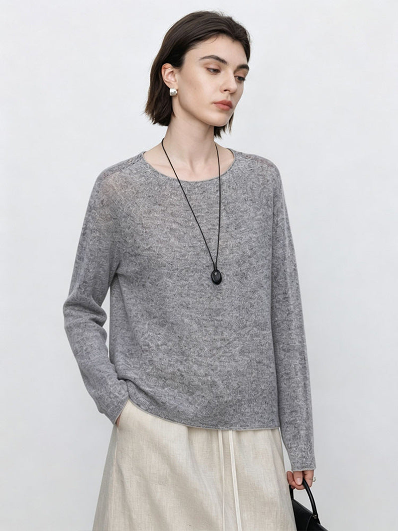Women's Fine Round Neck Sweater with Lace Knit Detail Mune Fashion