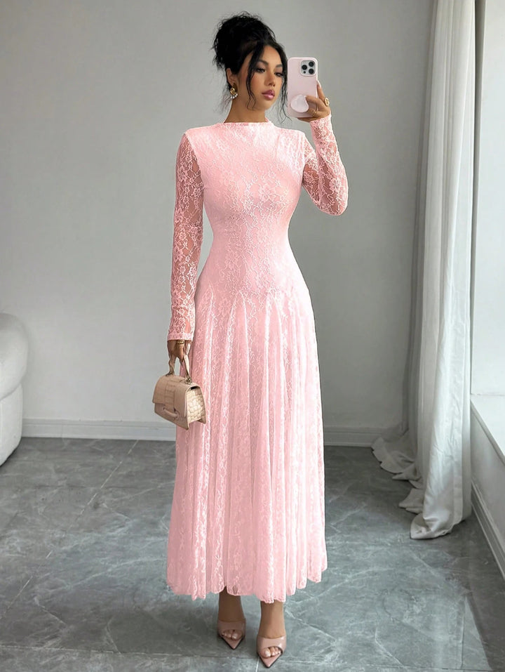 Ladies Elegant Wedding Dress with Lace Sleeves Mune Fashion