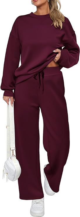 Women's two-piece French terry lounge set with oversized round neck pullover and wide high waist jogger Mune Fashion