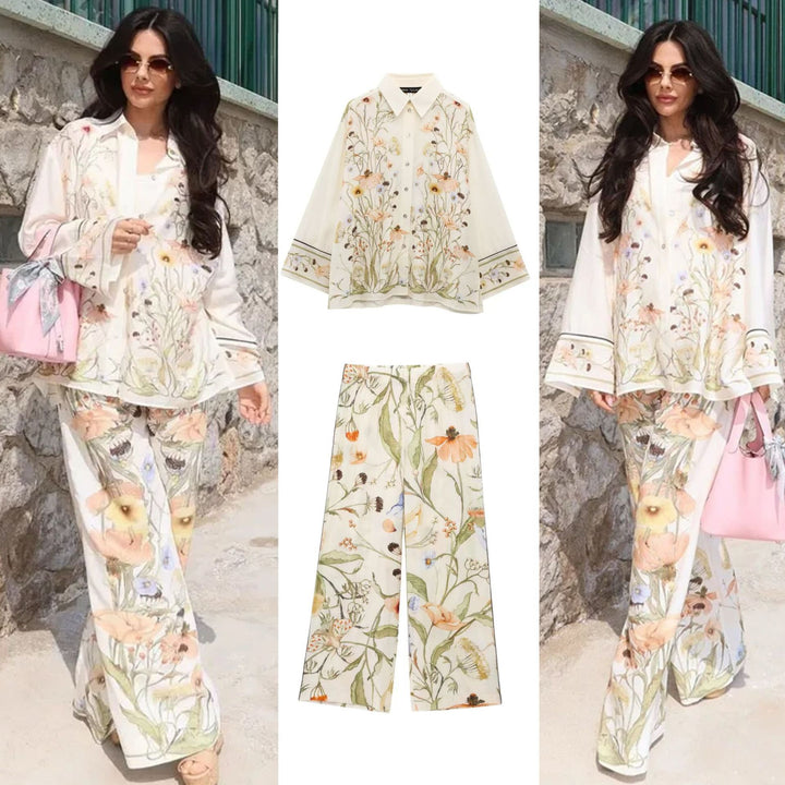 Women's wide linen pants with high waist, palazzo cut and floral watercolor print Mune Fashion