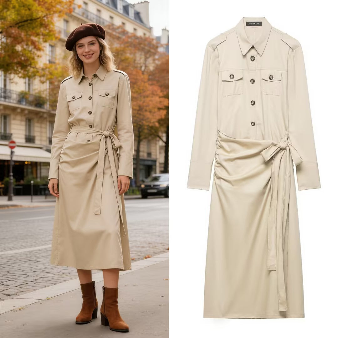 Ladies' shirt dress with knot tie belt, flap pockets and slim waist Mune Fashion