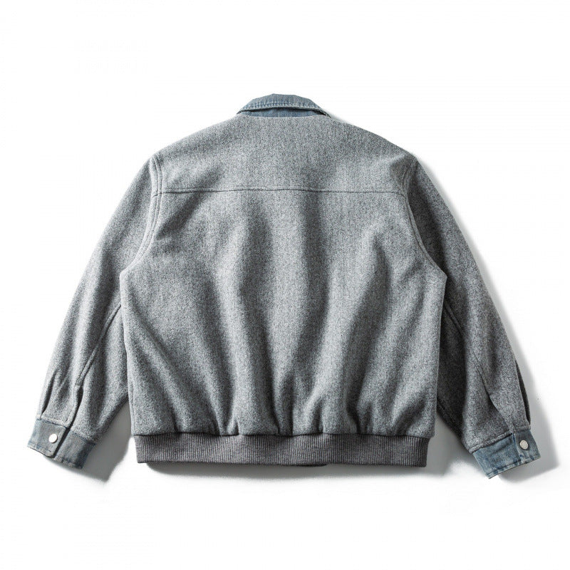 Men's short-cut wool blend bomber jacket with denim collar, concealed zipper, and flap pockets Mune Fashion