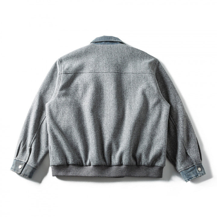 Men's short-cut wool blend bomber jacket with denim collar, concealed zipper, and flap pockets Mune Fashion
