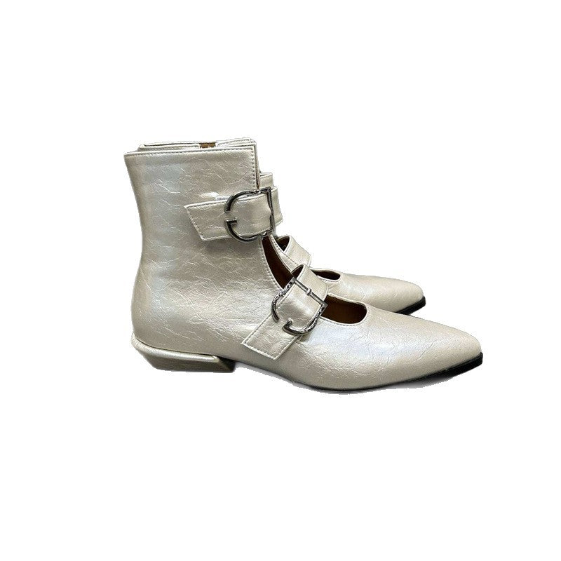 Women’s pointed toe ankle boots with double straps, buckles and low block heel Mune Fashion