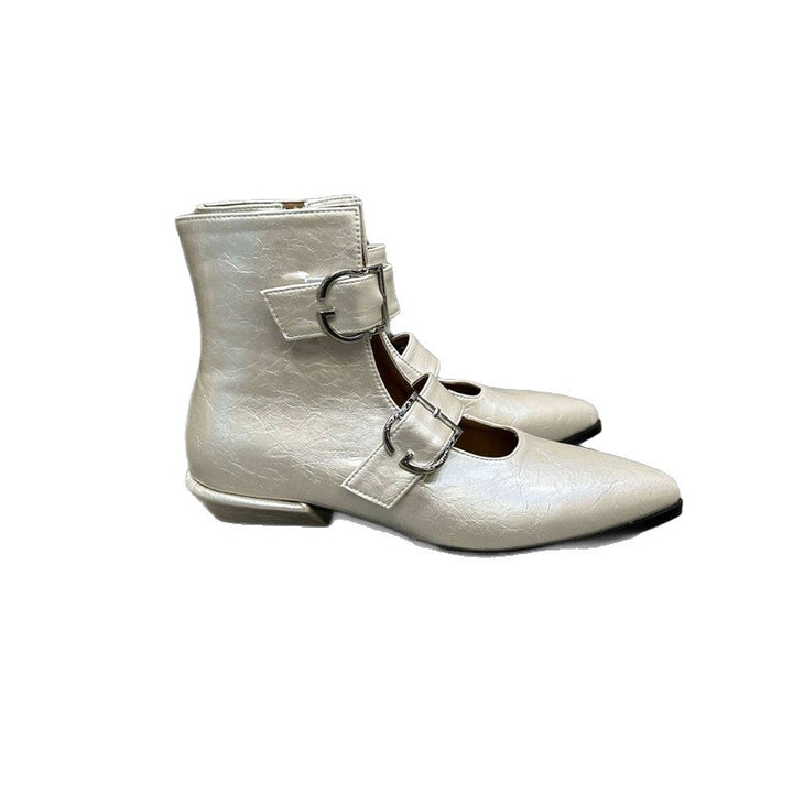 Women’s pointed toe ankle boots with double straps, buckles and low block heel Mune Fashion