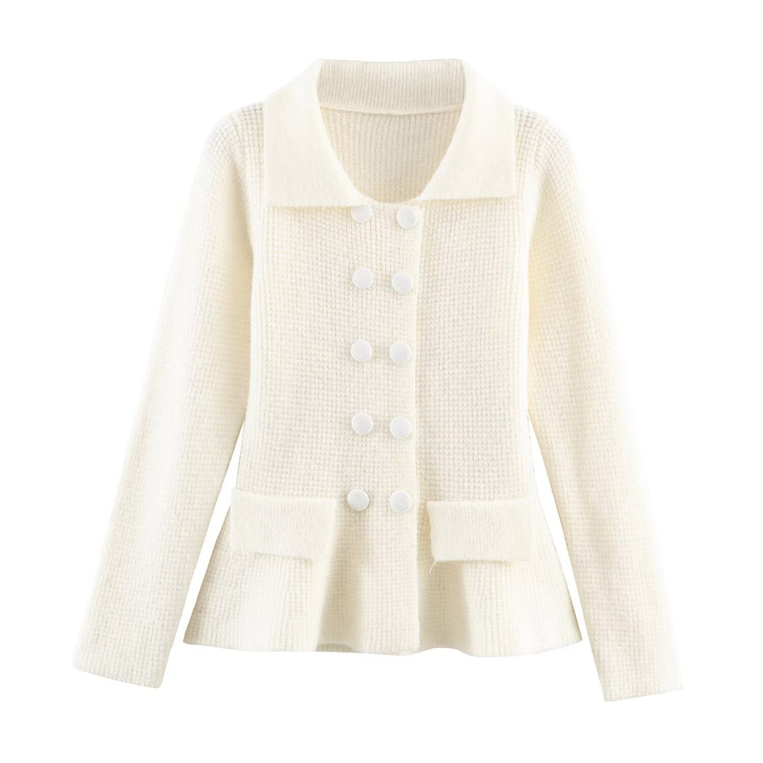 Women's Double-breasted Boucle Jacket with Peplum, Applied Pockets and Shirt Collar Mune Fashion