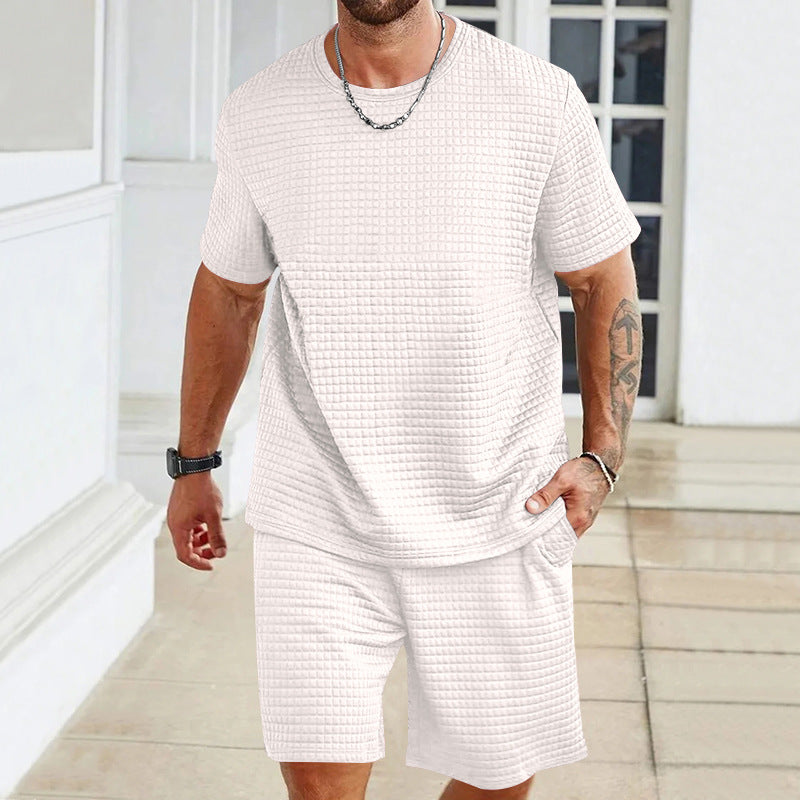 Men's waffle structure lounge and leisure set with wide-cut short-sleeve shirt and shorts with elastic waistband Mune Fashion