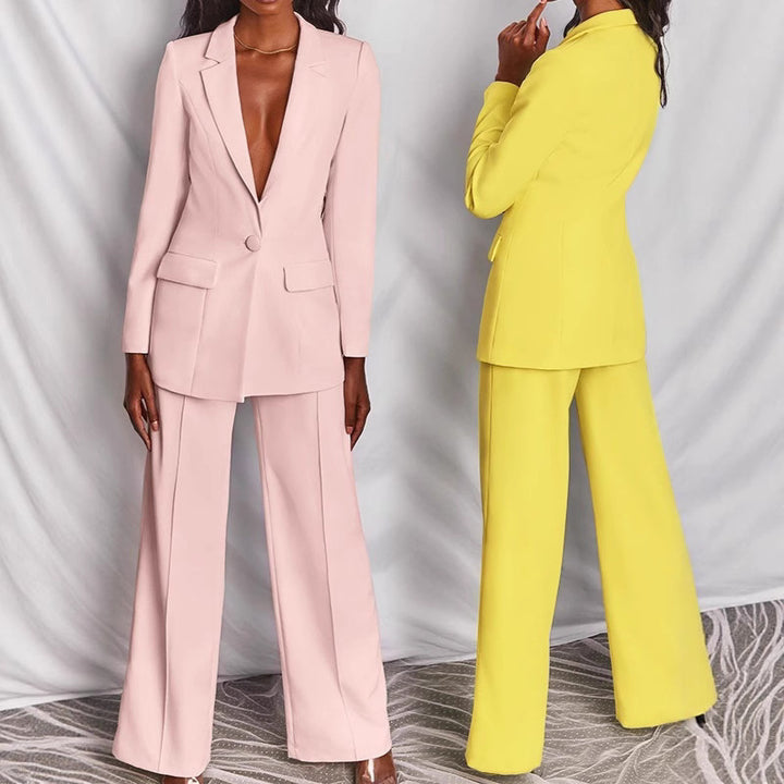 Women's tailored pantsuit with deep lapel, single-button closure, and palazzo pants Mune Fashion