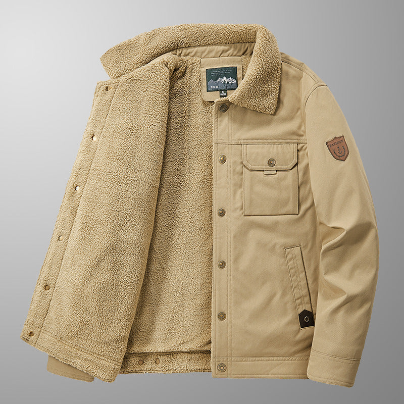 Men's Sherpa-lined canvas trucker jacket with teddy lining and utility pockets Mune Fashion