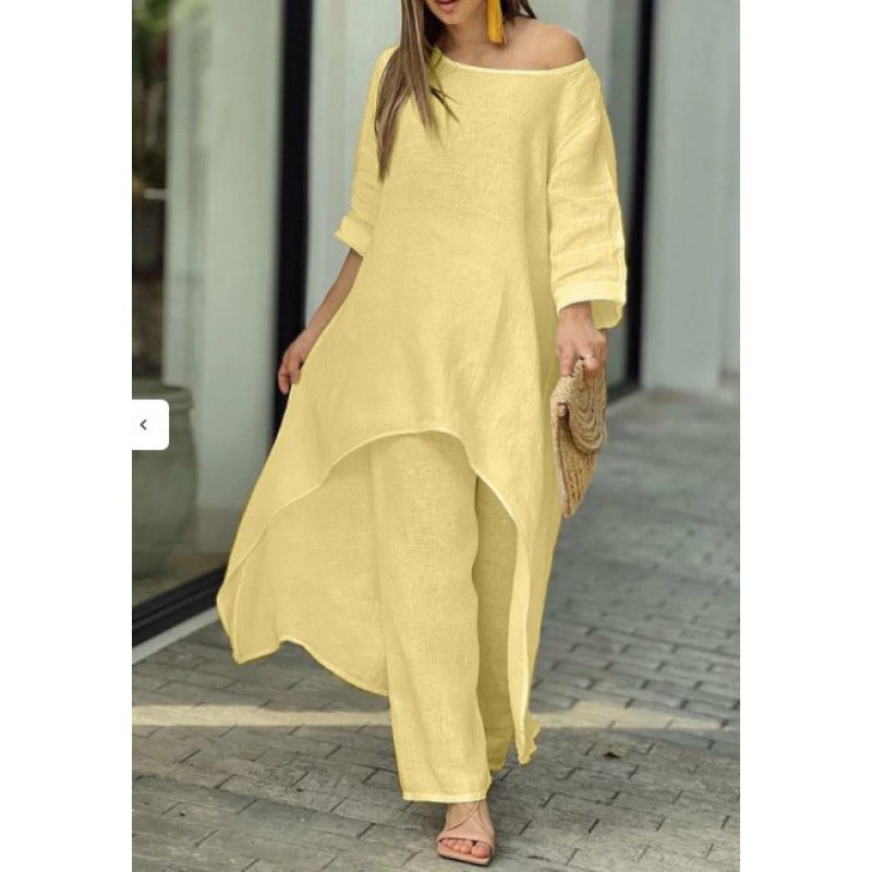 Women Lightweight Linen Two-Piece with Asymmetrical High-Low Tunic and Wide Palazzo Pants Mune Fashion