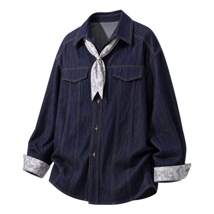 Women's Oversize Chambray Blouse with Decorative Seams, Chest Pockets & Integrated Neck Scarf Mune Fashion