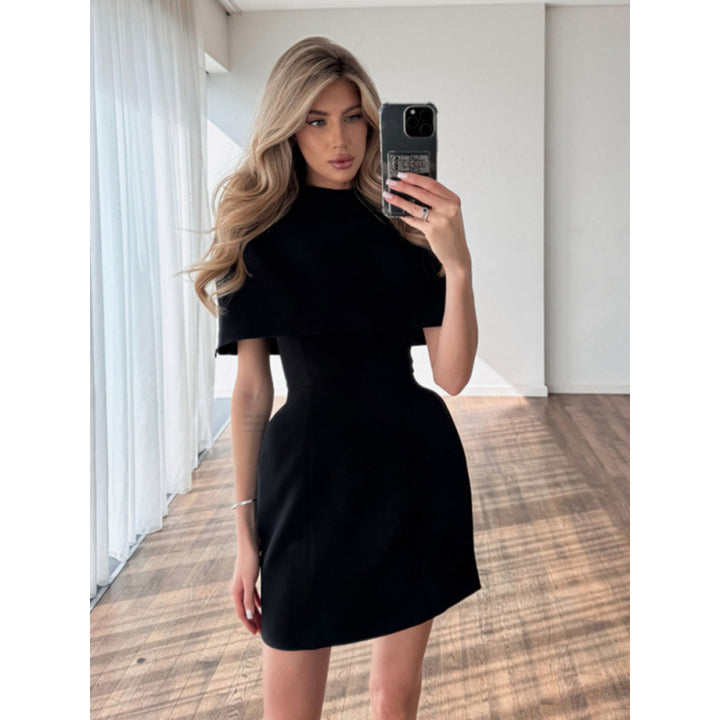 Ladies Cape Mini Dress with Stand Collar and Tailored Corset Mune Fashion