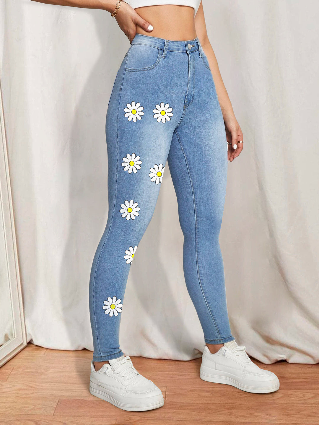 Women's High-Waist Skinny Jeans with printed Daisies and figure-shaping Stretch Mune Fashion