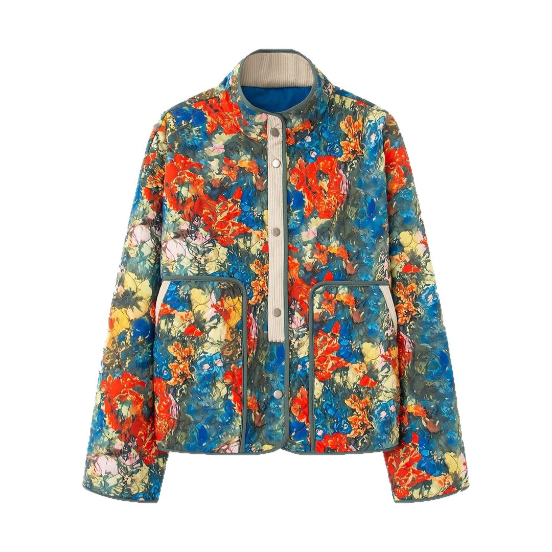 Women's Padded Padded Jacket with Floral Print, Stand Collar and Flap Pockets Mune Fashion