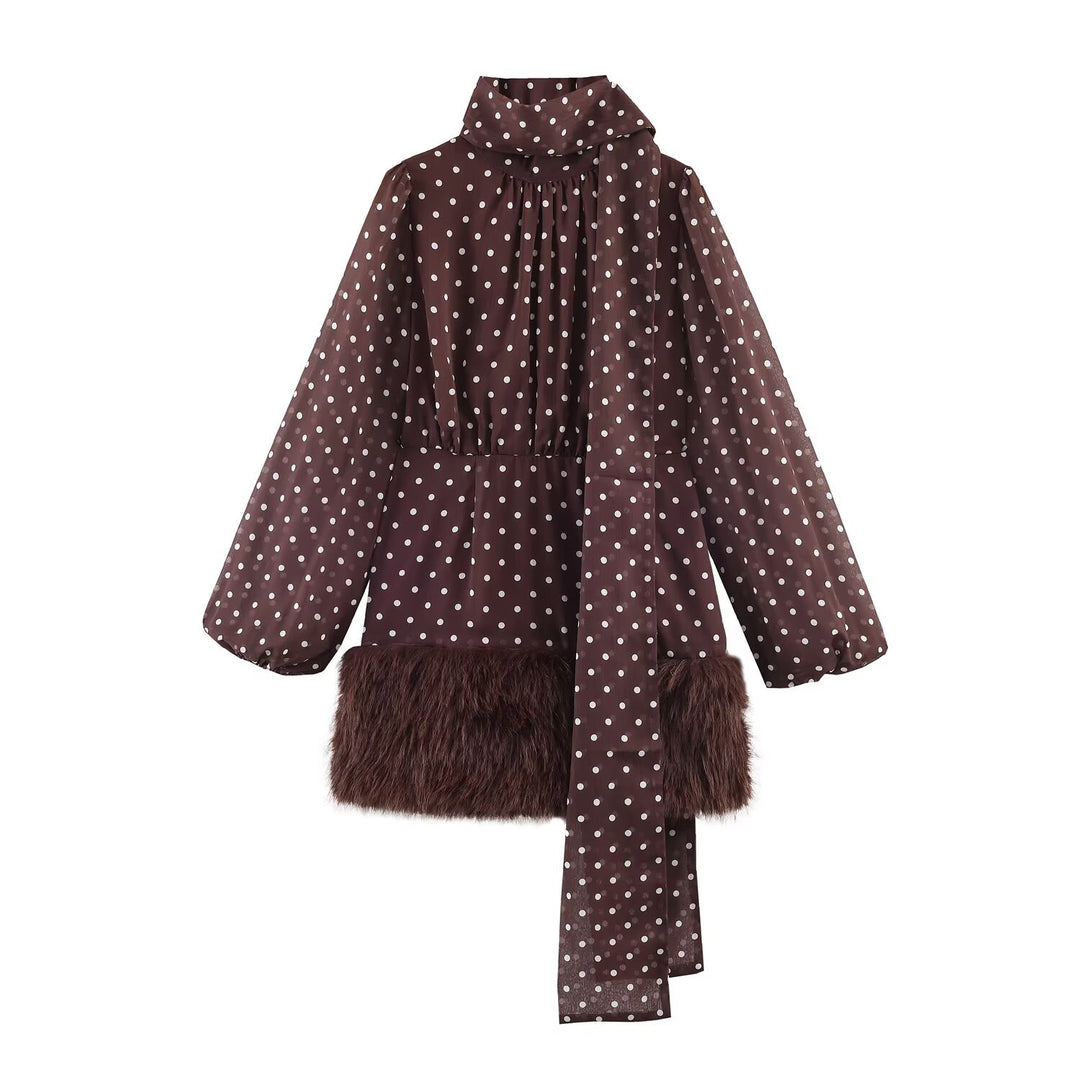 Women Polka Dot Chiffon Blouse with Tie and Synthetic Fur Trim Mune Fashion