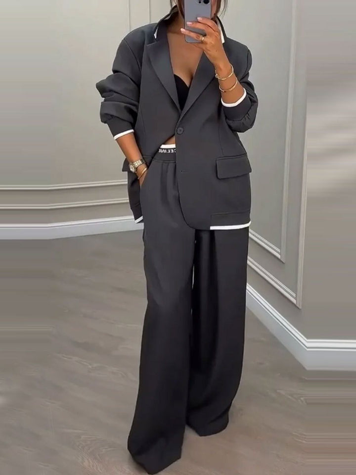 Women Oversized Blazer with Contrast Trim and High-Waist Palazzo Pants Two-Piece Set Mune Fashion