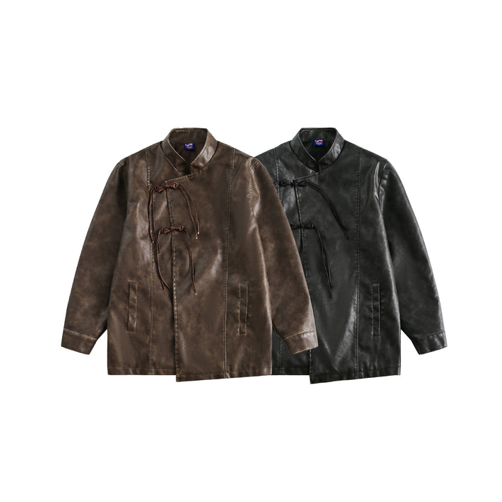 Men's Short Leather Look Coat in Vintage Style with Chinese Knot Closures Mune Fashion
