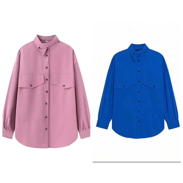 Women Oversize Shirt Blouse with Large Flap Pockets and Extended Hem Mune Fashion