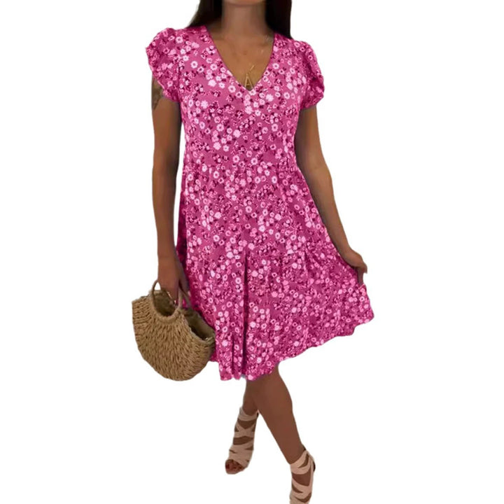 Women’s V-neck dress with gathered waist seam, short flounce sleeves, and tiered skirt Mune Fashion