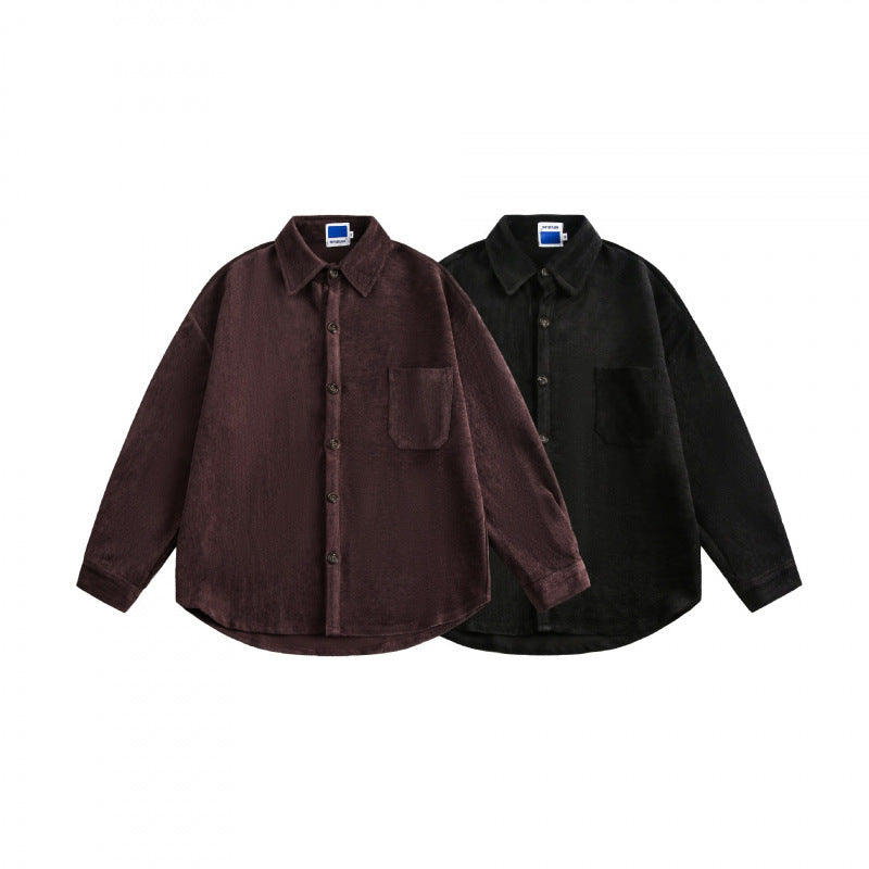 Unisex Oversized Velvet Shirt Jacket with Chest Pocket and Continuous Button Placket Mune Fashion