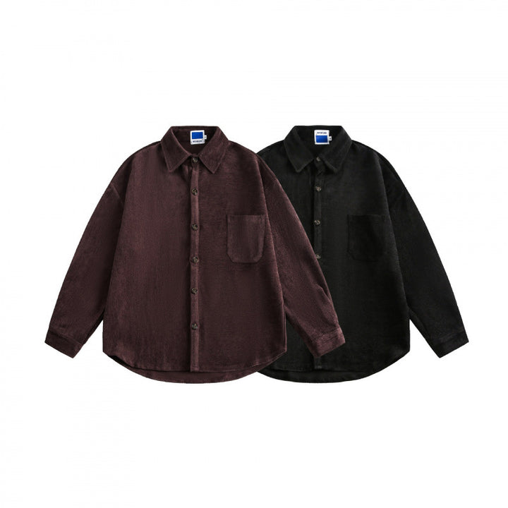 Unisex Oversized Velvet Shirt Jacket with Chest Pocket and Continuous Button Placket Mune Fashion
