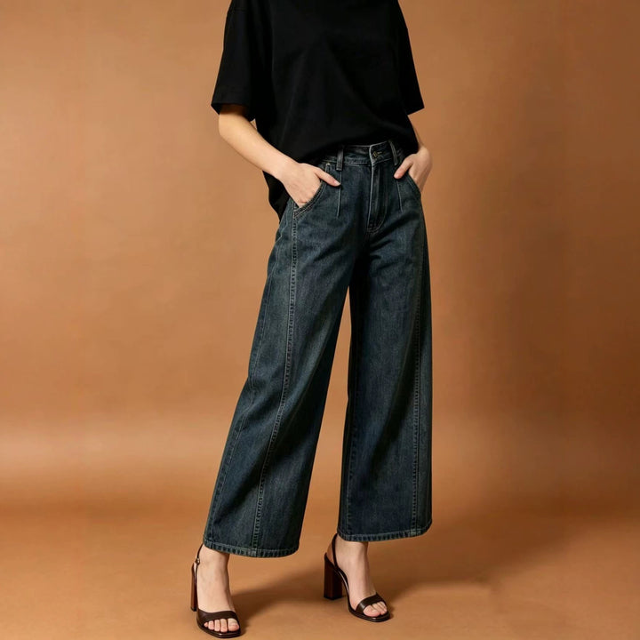 Women high waist pleated wide leg denim pants with cropped leg and decorative front pleats Mune Fashion