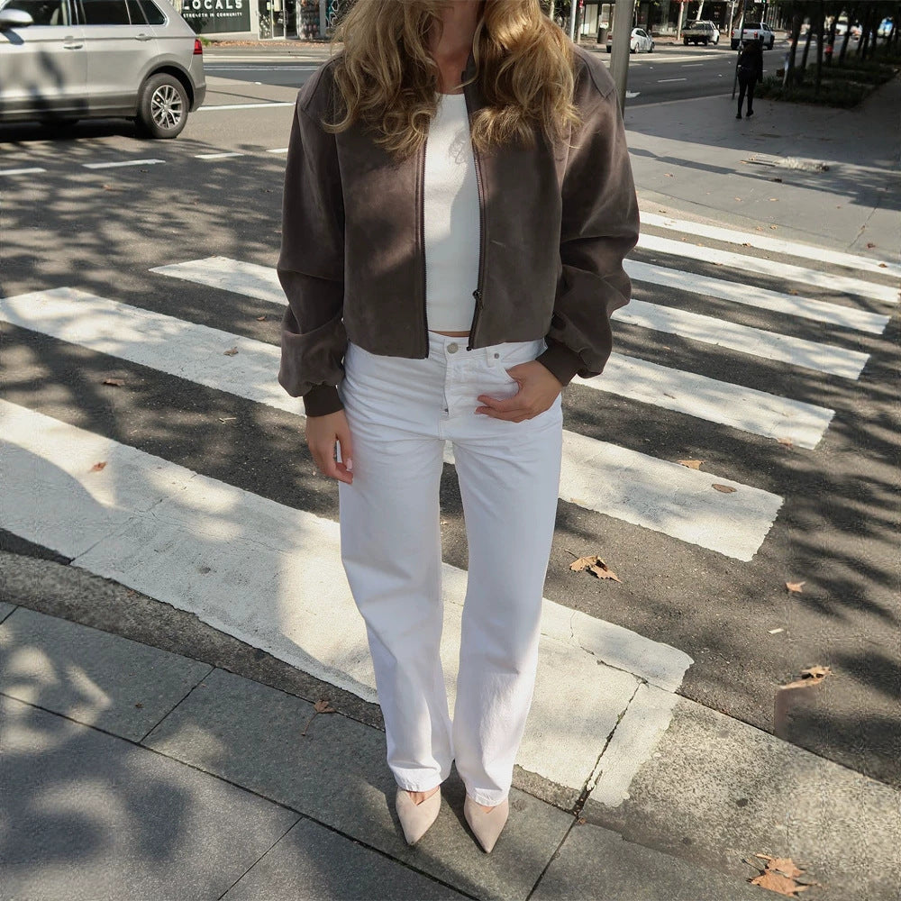 Women's Short Boxy Suede Bomber Jacket with Stand Collar and Ribbed Cuffs Mune Fashion