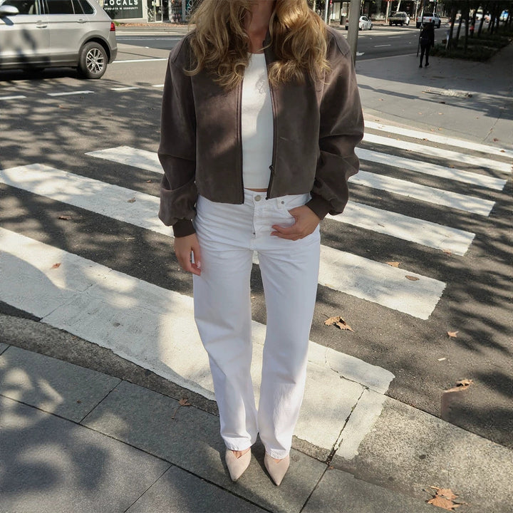 Women's Short Boxy Suede Bomber Jacket with Stand Collar and Ribbed Cuffs Mune Fashion