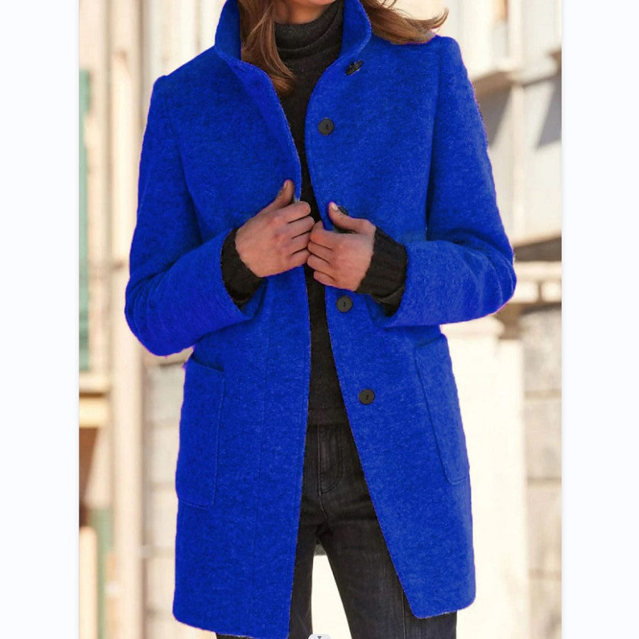 Women's Mid-Length Wool Blend Coat with Stand Collar and Patch Pockets Mune Fashion